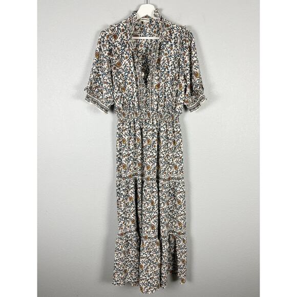 MAX STUDIO Tiered Floral Midi Dress Cream Multi Ruffled Boho - Picture 3 of 14